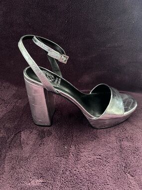 Vince Camuto Metallic Silver Chunky Heel Sandals with Ankle Strap